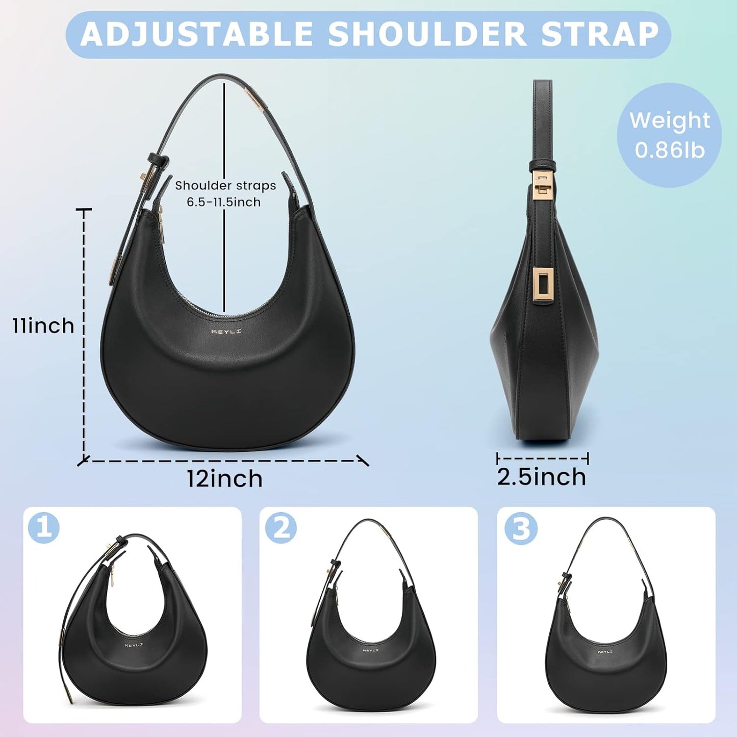 Keyli Shoulder Bag Stylish Casual Clutch Purses for Women 3 Ways Adjust Strap Hobo Handbags with Zip Closure